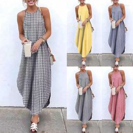 Skirts Clothing Women's Summer Fashion Round Neck Plaid Print Dovetail Sling Dress Casual Ladies Elegant Vestidos Mujer Femme Robe 2022