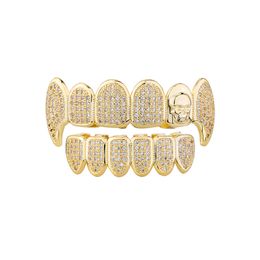 Micro Paved Zircon 18K Gold Plated Teeth Grillz Hip Hop Rap Skull Diamond Mouth Bling Body Jewelry