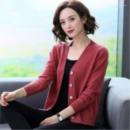 Women's Knits Elegant Knitting Cardigan Women Korean Style Full Sleeve Plus Size 3XL Knitted Sweater Autumn Red Single Breasted Jackets