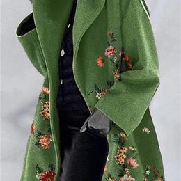 Women's Wool Blends retro printed woolen coat women's green long winter clothing 220916