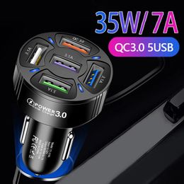 35W Quick Charger QC 3.0 5 USB Ports 7A Fast Charging Phone Car Charger Auto Power Adapters for iPhone 14 13 12 Pro Max Samsung Xiaomi Chargers