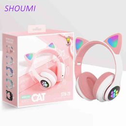 Headsets STN-28 Flashing LED Cute Cat Ears Headphone Gift Bluetooth Wireless Headset Kid Gifts with Mic MP3 FM Girl Stereo Music Earphone T220916