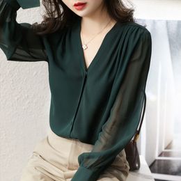 2022 Autumn Long Sleeve Blouse Women Solid Shirt Women's V Neck Button Up Top Female Blusas Elegant Silk Cardigan Women