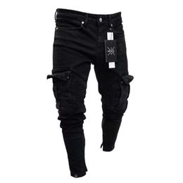 Men s Jeans Men Slim Biker Ripped Long Denim Trousers Skinny pocket Young Man Jogging Pants Destroyed Stretchy Black 220919