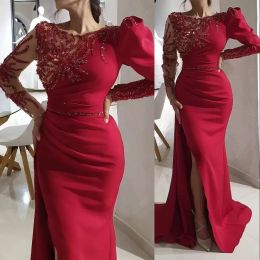 Sexy Dark Red Arabic Mermaid Prom Dresses Jewel Neck Illusion Crystal Beading Side Split Floor Length Party Evening Gowns Long Sleeves