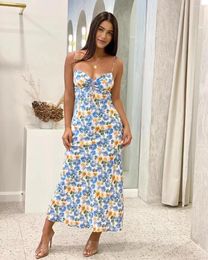 Casual Dresses Silk Blue Daisy Printed Women Sexy Midi Dress Classic Lady V Neck Strapless Sling Robe