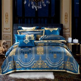 Bedding Sets Luxury Blue High Precision Jacquard Egyptian Cotton Set Gold Relief Duvet Cover Embroidery BedSheet Bedspread Pillowcase
