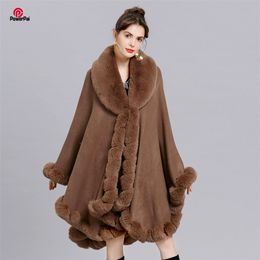 Women's Fur Faux Elegant V Lapel Rex Rabbit Coat Cape Winter Women Big Long Shawl Full Trim Knit Cloak Overcoat Parka 220916