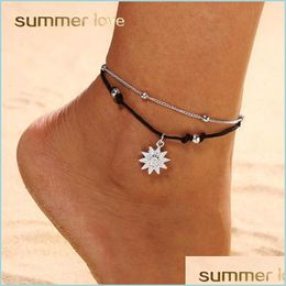 Anklets Bohemia Sun Pendant Beaded Anklet Bracelet For Women Simple Rope Alloy Double-Layer In Summer Leg Ankle Foot Jewellery Anklets Dhqmk