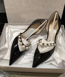 Famous Summer Women Aurelie Sandals Shoes Nude Black Patent Leather Pointed Pumps with Pearl Embellishment Lady Sexy High Heels EU35-42