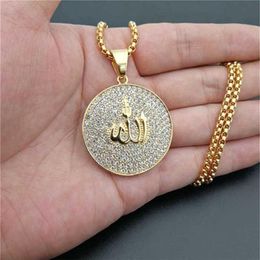 Hip Hop Iced Out Round Pendant Necklace Stainless Steel Islam Muslim Arabic Gold Colour Prayer Jewellery Drop 210929240a