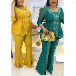 Women's Two Piece Pants Elegant Office Ladies 2 Pieces Sets Diamond Blouse & Long Trousers Fashion Formal Business Work Wear Clothes