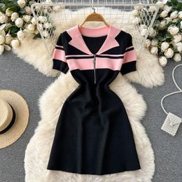 Casual Dresses Girls Uniform Blue Striped Dress With Sleeves Preppy Style Summer Robe Korean Patchwork Ribbed Y2k Vestidos De Mujer