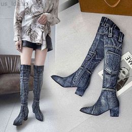 Boots 2022 Spring Autumn Casual Denim Boot Women Thigh High Boots 6CM Chunky High Heel Over the Knee Boots Pocket zipper Botas Mujer L220920