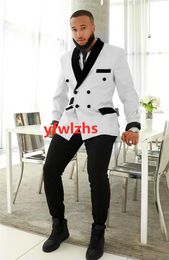 Handsome Double-Breasted Groomsmen Shawl Lapel Groom Tuxedos Man's Suits Wedding/Prom/Dinner Man Blazer Jacket Pants Tie K770