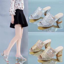 Slippers 2022 Summer Fish Mouth With Sequins Leisure Large-heeled Sandals
