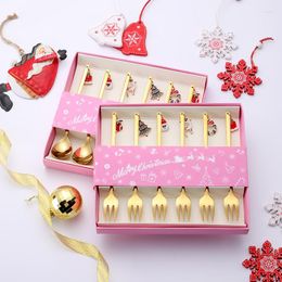 Flatware Sets 6pcs Silverware Cutlery Set Stainless Steel Gold/silver Spoons And Forks With Ornaments Christmas Gift Cute Dessert Fruit Fork