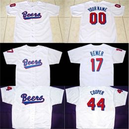 GlaMit BEERS Movie baseball Jersey Button Down White 17 Doug Remer 44 Joe Coop Cooper 100% Stitched Custom Baseball Jerseys Any Name Number vintage