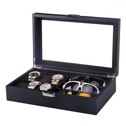 Watch Boxes 9 Grids Watches Glasses Jewellery Box PU Leather Case Clear Glass Plate
