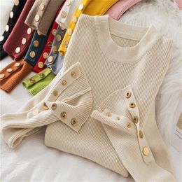 Women s Sweaters women thick sweater pullovers khaki casual autumn winter button o neck chic female slim knit top soft jumper tops 220916