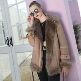 Women's Fur Real Jacket Leather Buckle At Hem Woman Integrated Overcoat Soild Colour Coat
