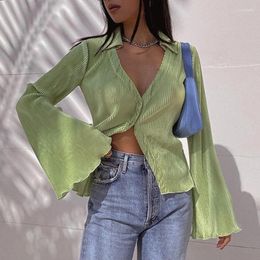 Women's Blouses Women's Women Wild Soft Shirt Solid Colour Long Bell Sleeve Lapel Sexy Deep V Neck Button Down Fit Fashion Streetwear