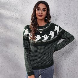 Suéteres femininos Padrão fantasma malha suéter feminino moda inverno quente manga longa solto pullover confortável Black Girl Top Halloween Sweatshirt 220916