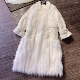 Women's Fur YOLOAgain Women Real Jacket Ladies Shiny Sequins White Long Wool Coat Trench