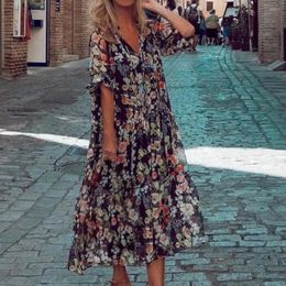 Casual Dresses Vintage Maxi Dress Summer Women Short Sleeve A-Line Loose High Waist V-Neck Ladies Black Floral Printed Sundress