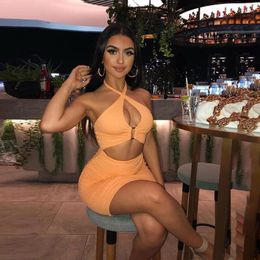 Casual Dresses Halter Cut Out Sexy Bodycon Dress Spaghetti Strap Ruched Tight Mini Women Summer Hip Wrap Club Party 2022