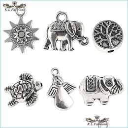 Charms 100Pcs/Lot Vintage Sier Elephant Heart Love Charm Bracelet Necklace Pendants Findings Flower Bee Tree Pendant Making Drop De Dhfxl