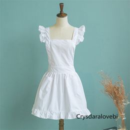 Aprons 1pc Japanese Style Elegant Victorian Pinafore Apron Maid Lace Smock Costume Ruffle Pockets White/Pink 220919