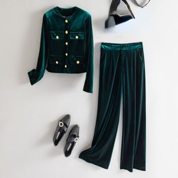 2022 Autumn Green Solid Colour Two Piece Pants Setslong Sleeve Round Neck Velour Single-Breasted Top & Wide Leg Trousers Pants Suits Set 22S158226-1