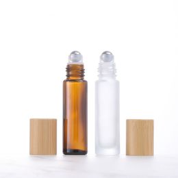 10ml Perfume Roll On Glass Bottle Clear Amber Frosted with Metal Ball Roller Bamboo Lids Essential Oil Vials