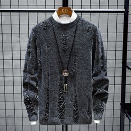 Men's Sweaters HOUZHOU Pullovers Knitted Sweater Black Sweaters Torn Sweater with Holes Ripped Sweater Khaki Korean Streetwear Hip Hop Harajuku 220919