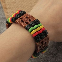 Bohemian Handmade Wood Beaded Elastic Strand Handcuff Bangles Braided Multilayer Bracelet For Women Holiday Jewellery Gift