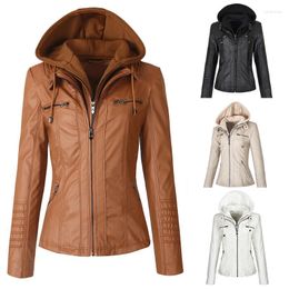 Women's Jackets Women's Women Fashion Hooded Leather Jacket Motorcycle Coats Street Female Tops Winter Lady Casual Slim Fit Solid Color