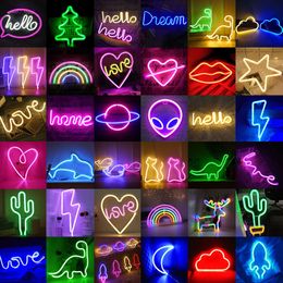 LED Bulbs LED Neon Light Alien Rainbow Hello Sign Lamp Wall Art Decor for Game Room Bedroom Home Party Holiday Decoration Xmas Gift