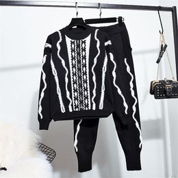 Women's Two Piece Pants Winter Women Set Fashion Sequin Embroidery Pattern Long Sleeve Sweater Tops Small Feet Knitted Tracksuit