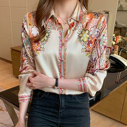 Ladies Tops Spring Long Sleeve Silk Shirts 2022 Fashion Floral Print Blouse Women Satin Shirts Autumn Blusa Mujer Clothes