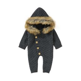 Rompers Baby Girls Boys Knitted Romper Autumn Winter Solid Colour Single-breasted Long Sleeve Hooded Jumpsuit with Wool Collar 220919