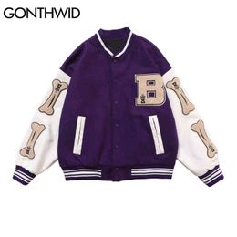 Men's Jackets Hip Hop Bomber Jacket Streetwear Vintage Embroidered Letter Furry Bone Patch Varsity Baseball Coat 2022 Mens Autumn Green Black T220914