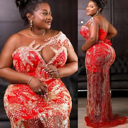 2022 Arabiska aso ebi Red Mermaid Prom Dresses Sequined Lace Evening Formal Party Second Reception Födelsedagsengagemang Klänningar ZJ708