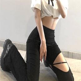 Women's Pants Capris Sylcue Summer High Street Style Small High-Waisted Flared Trousers Thighs Personality Eith Hollow And Sexy Show Legs Long 220916