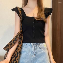 Women's Tanks Women Tank Top Korean Style Square Collar Retro Vest All-Match Slim Solid Colour Short Knit Button Casual Tops