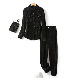 2022 Autumn Black Solid Color Two Piece Pants Sets Long Sleeve Lapel Neck Single-Breasted Blouse & Long Pants Suits Set 22S157698