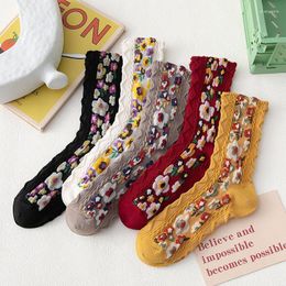 Women Socks Korean Floral Print Women's Japanese Kawaii Cute Long Sock Harajuku Retro Vintage Streetwear Crew For Christmas Gift &