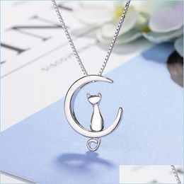 Charms 925 Sterling Sier New Woman Fashion Jewelry Kitty Moon Retro Simple Pendant Necklace Length 45Cm Drop Delivery 2021 Findings C Dhaoi