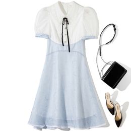 2022 Autumn Lapel Neck Embroidery Dress Blue Contrast Colour Short Sleeve Panelled Knee-Length Casual Dresses 22L156527