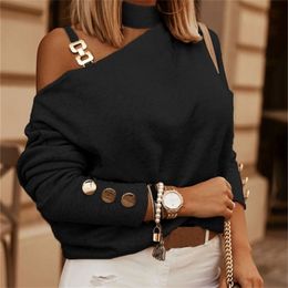 Women s Sweaters Slanted Shoulder Chain Decorative Pullover T shirt Women Spring Autumn Fashion Casual Long sleeved Black Apricot Blouse 220916